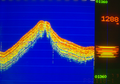 Sediment-Profil mit Angabe der Wassertiefe auf dem Monitor des PARASOUND Echolotes (Atlas Elektronik, 1989)