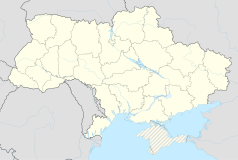Mapa konturowa Ukrainy, blisko centrum u góry znajduje się punkt z opisem „Rude Seło”