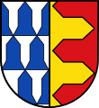 Gemeinde Allmannshofen Gespalten; vorne in Silber blaues Eisenhutfeh in drei Reihen; hinten im Eisenhutschnitt gespalten von Gold und Rot.
