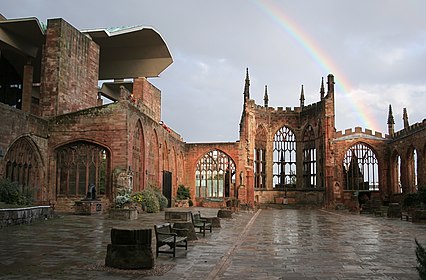 The remains of Coventry Cathedral, UK, bombed during the Second World War