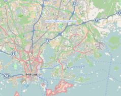 Mapa konturowa Helsinek, po lewej znajduje się punkt z opisem „Hartwall Arena”