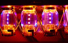 Glass vacuum tubes glow inside a Traynor tube amplifier.