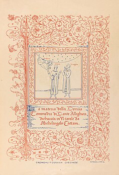 La page de titre de La Divine Comédie résumée en six planches (1855) de Michelangelo Caetani. (définition réelle 4 799 × 7 039)