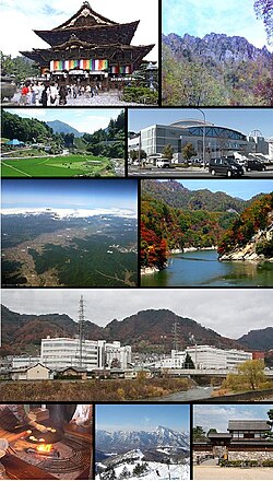 Balról: Zenko-dzsi, Togakusi hegy, Kinasza község, Nagano Big Hat aréna, Kawanakadzsima madártávlatból, Oku- Szubana völgy, Marukome, Nagano egy központja, ami híres miso termékeket készítő vállalat Japánban, Oyaki (Japán édesség), Togakusi sípálya, Macusiró kastély