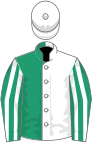 Emerald green and white (halved), striped sleeves, white cap,