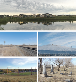 From top to bottom; left to right: houses in Discovery Ridge, the CPR Mainline, the Butte Hill, a baseball diamond in Inland Park, and graves at St. George's Cemetery.