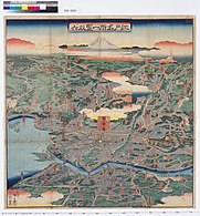 สถานที่ในเอโดะอันโด่งดัง ยามาโนเตะ (บน), นิฮมบาชิ (กลาง) และชิตามาจิ (ล่าง) ราว ค.ศ. 1858