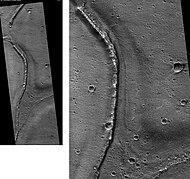 Tiu Valles Ridges, as seen by HiRISE. Ridges were probably formed by running water. Scale bar is 1 km long.