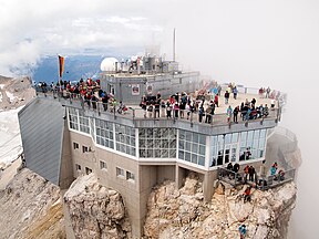 Buildings on top of Zugspitze, peak within clouds (2014)