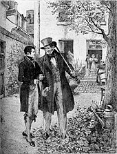 Gravure représentant deux hommes qui discutent en marchant dans une cour sous un arbre.