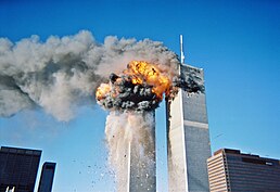 Black smoke billowing over Manhattan from the Twin Towers