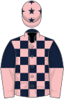 Dark blue and pink check, halved sleeves, pink cap, dark blue stars