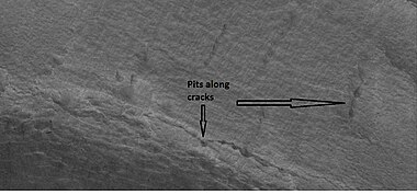 Close-up of pits, as seen by HiRISE under the HiWish program. Resolution is about 30 cm, so one could see a kitchen table if it were in the picture.