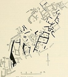 Archaeological diagram showing multiple layers of buildings on a crowded site