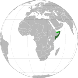 索马里实际统治区域（深绿色） 索马里联邦声称但不被其控制的索马里兰（浅绿色）[1]