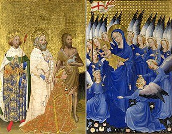 El Díptico de Wilton (1395–1399). La Virgen María tradicionalmente se mostraba en azul (siglo XIV).