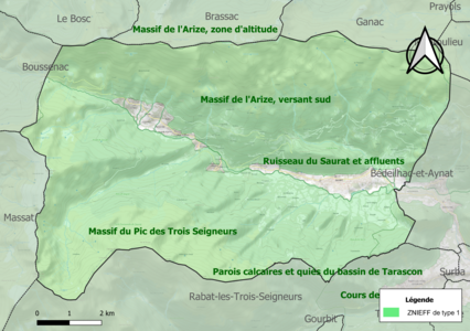 Carte des ZNIEFF de type 1 sur la commune.