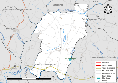 Carte en couleur présentant le réseau hydrographique de la commune