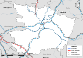 Carte du réseau routier national (autoroutes et routes nationales) dans le département de Maine-et-Loire