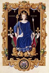 Sacre de Charles VI le Fou tenant dans la main gauche la Main de Justice.