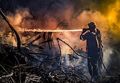 Third place: Firefighter fighting a battle against a veld-fire at Ashton Bay, Jeffreys Bay, Eastern Cape Province, Republic of South Africa. 帰属: StevenTerblanche (CC BY SA 4.0)