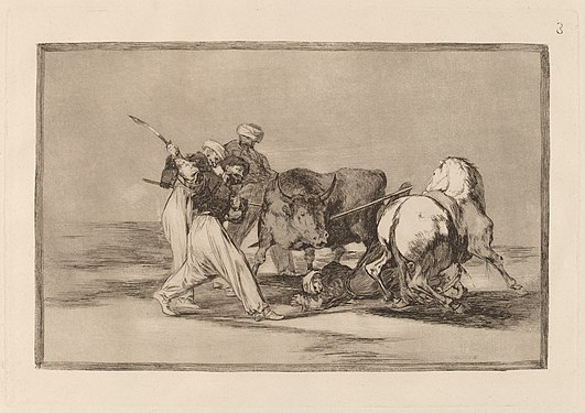 3. Español: Los moros establecidos en España, prescindiendo de las supersticiones de su Corán, adoptaron esta caza y arte, y lancean un toro en el campo English: The Moors Settled in Spain, Giving up the Superstitions of the Koran, Adopted This Art of Hunting, and Spear a Bull in the Open