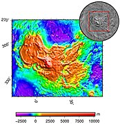 Imagen generada por computadora de Ishtar Terra, con los Maxwell Montes cerca del centro, en Venus