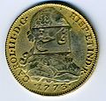 Anverso de moneda de 8 reales (plata) de Carlos III de 1773 resellada en Malasia.