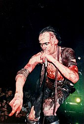 Photo of Nivek Ogre during Skinny Puppy's 1990 Too Dark Park tour.