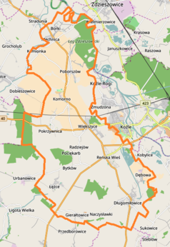 Mapa konturowa gminy Reńska Wieś, blisko centrum na dole znajduje się punkt z opisem „Pociękarb”