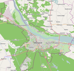 Mapa konturowa Włocławka, blisko centrum po lewej na dole znajduje się punkt z opisem „Rumunki Zarudzkie”