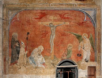 À gauche, Antoine le Grand, crucifixion avec la Vierge et saint-Jean, à droite, l'archange Michel. Abbatiale de Saint-Antoine l'Abbaye, Isère, France, XVe s.