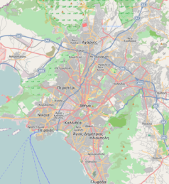 Mapa konturowa Aten, w centrum znajduje się punkt z opisem „Politechnika Narodowa w Atenach”