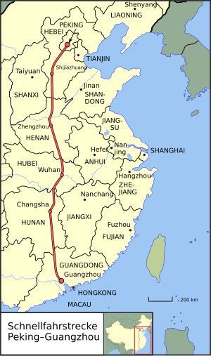 A Peking–Kanton nagysebességű vasútvonal útvonala