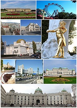 Od leve proti desni: Mestna hiša, Palača Schönbrunn, Zabaviščno kolo v Pratru, Državna opera, Katedrala sv. Štefana, Muzej umetnostne zgodovine, pogled na Dunaj proti Dunajskemu gozdu, sacherjeva torta, spomenik Johannu Straussu II, Secesijska dvorana, Donau City, Hundertwasserhaus.