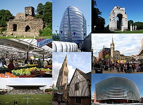 Leicester landmarks: (clockwise frae top-left) Jewry Wall, National Space Centre, Arch of Remembrance, Central Leicester, Curve theatre, Leicester Cathedral an Guildhall, Welford Road Stadium, Leicester Market