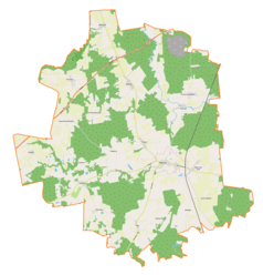 Mapa konturowa gminy Młynary, na dole nieco na lewo znajduje się punkt z opisem „Warszewo”