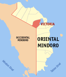 Mapa ng Oriental Mindoro na nagpapakita sa lokasyon ng Victoria.