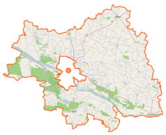 Mapa konturowa powiatu płockiego, blisko prawej krawiędzi na dole znajduje się punkt z opisem „Wyszogród”