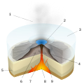 Image 35A diagram of a Subglacial eruption. (key: 1. Water vapor cloud 2. Crater lake 3. Ice 4. Layers of lava and ash 5. Stratum 6. Pillow lava 7. Magma conduit 8. Magma chamber 9. Dike) Click for larger version. (from Types of volcanic eruptions)