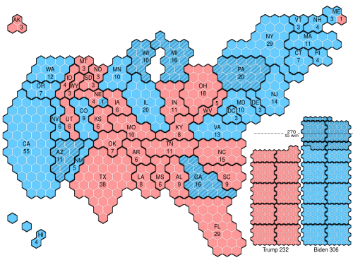 Cartograma hexagonal indicando o número de votos do Colégio Eleitoral de cada estado, com o respectivo vencedor