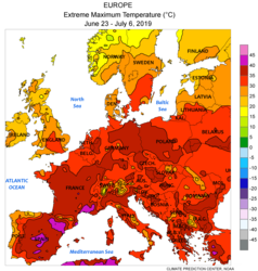 Höchst­temperatur 23. Juni – 6. Juli 2019 (lila > 40 °C, rot > 30 °C; NOAA-NWS-CPC)