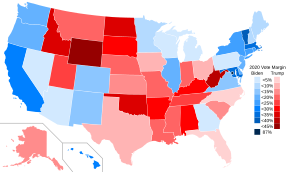Mapa del Colegio Electoral, que muestra a Trump ganando muchos estados del Sur y las Montañas Rocosas y a Biden ganando muchos estados del Noreste, el Medio Oeste y el Oeste del Pacífico.