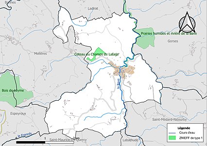 Carte des ZNIEFF de type 1 sur la commune.