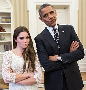 #7: President Barack Obama jokingly mimics U.S. Olympic gymnast McKayla Maroney's "not impressed" look while greeting members of the 2012 U.S. Olympic gymnastics team in the Oval Office, November 15, 2012. (Official White House photo by Pete Souza.) – Attribution: Official White House Photo (Flickr) by Pete Souza; edited version by El Grafo (License: PD)