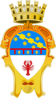 Stemma nella versione aulica, de facto co-ufficiale dal 3 marzo 1937. Lo stemma non fu mai confermato dalla Consulta Araldica[16][17].