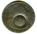 Anverso de moneda de 8 reales (plata) de Carlos IV de 1808 con resello de la Indochina francesa.