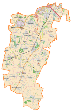 Mapa konturowa gminy Kobierzyce, u góry nieco na prawo znajduje się punkt z opisem „Bledzów”