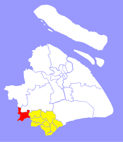 Location (shown in red) in Jinshan District (shown in yellow) within Shanghai