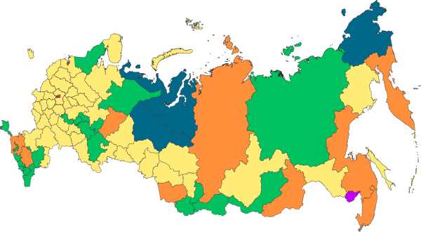 Kategorie subjektů (po anexi Krymu):      Republiky (21+1)      Kraje (9)      Oblasti (46)      Federální města (2+1)      Autonomní oblast (1)      Autonomní okruhy (4)